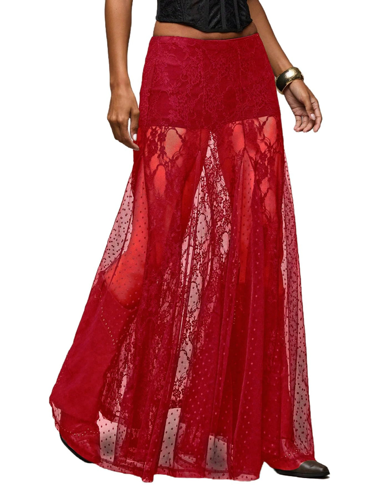 MakeMeChic Women's Lace Sheer Maxi Skirts Polka Dots Ruffle Gothic Skirts
