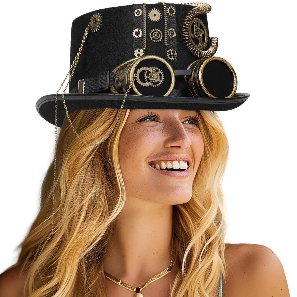 Unisex Gothic Steampunk Top Hats with Goggle Gear Halloween Hat Headwear Men Women