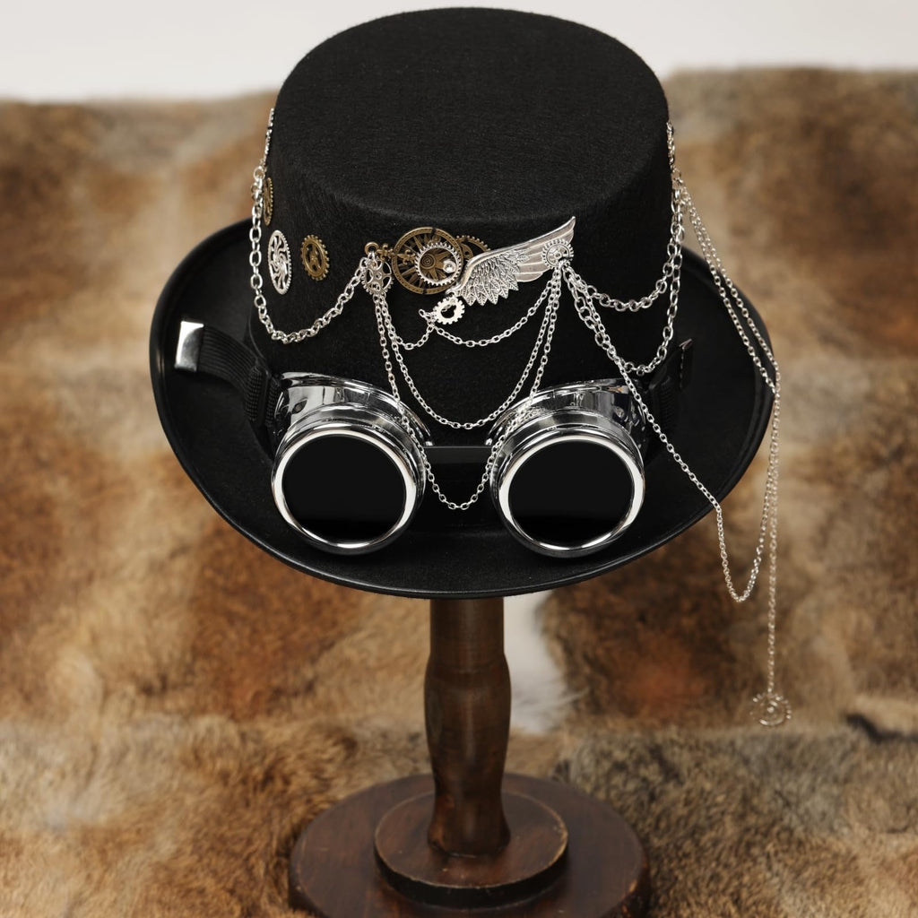 Unisex Gothic Steampunk Top Hats with Goggle Gear Halloween Hat Headwear Men Women