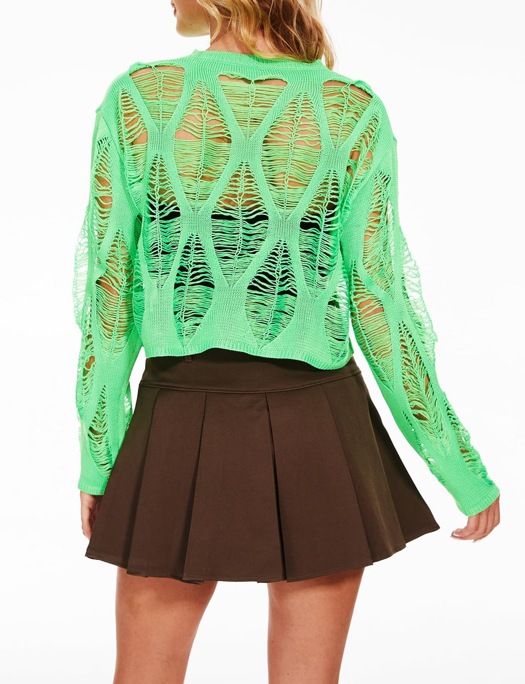 Women's See Through Hole Ripped Crop Tops Knit Pullover Short Sweaters