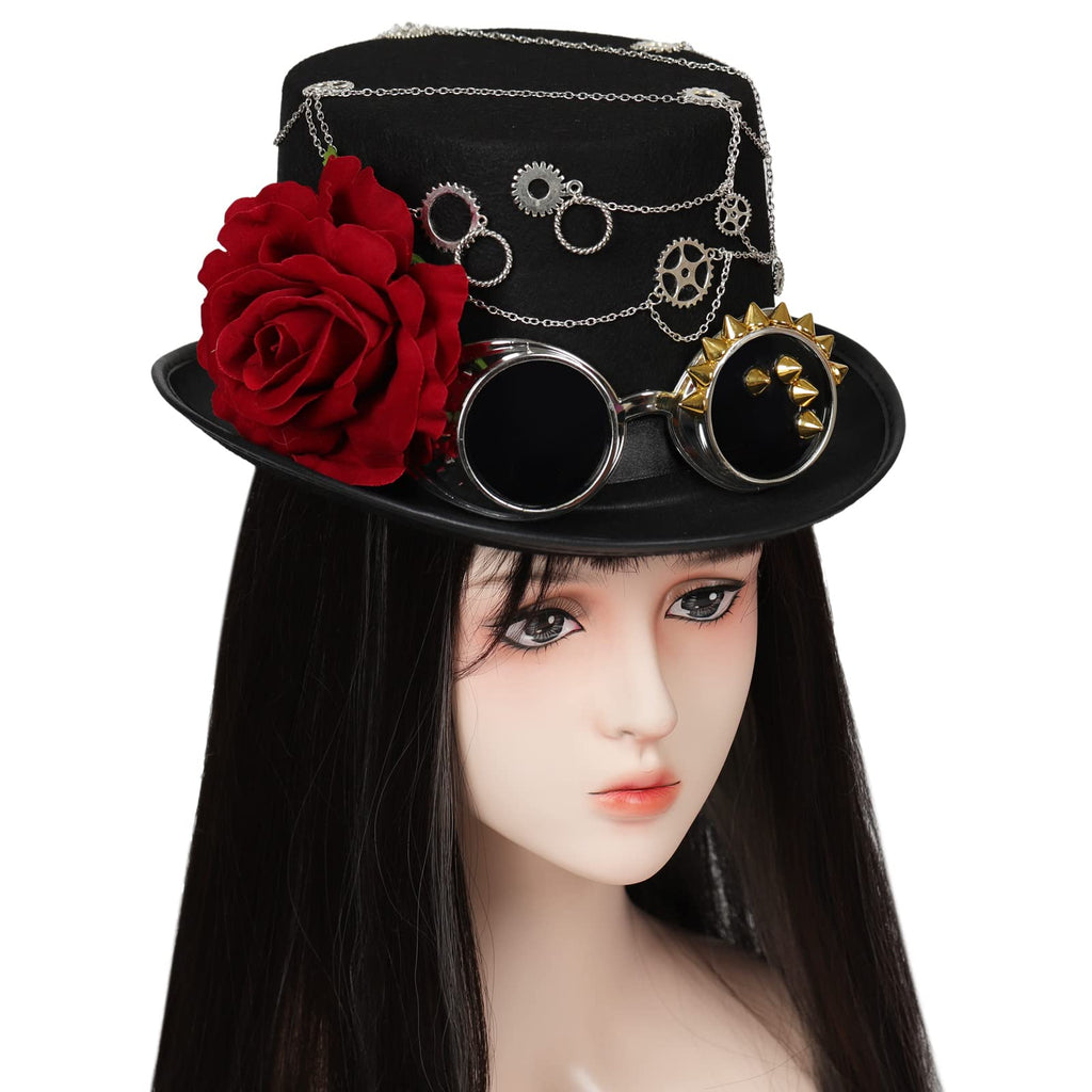 Unisex Gothic Steampunk Top Hats with Goggle Gear Halloween Hat Headwear Men Women