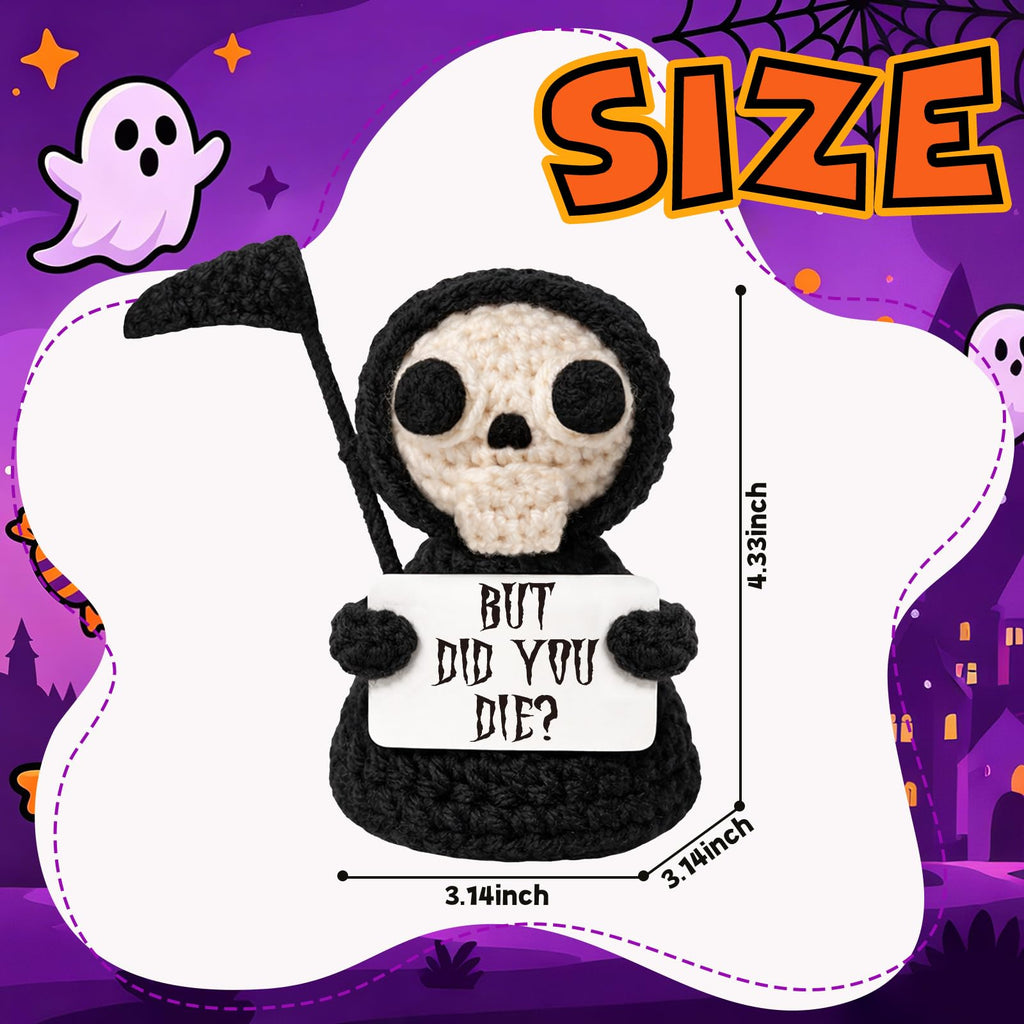 Funny Gothic Grim Reaper Crochet Plush - Spooky Cute Office Decor & Dark Humor Gift - Stay Positive Sarcastic Halloween Basket Stuffers for Coworker Friend White Elephant Adult
