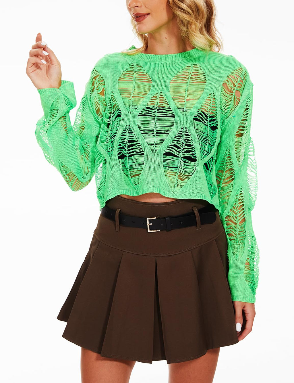 Women's See Through Hole Ripped Crop Tops Knit Pullover Short Sweaters