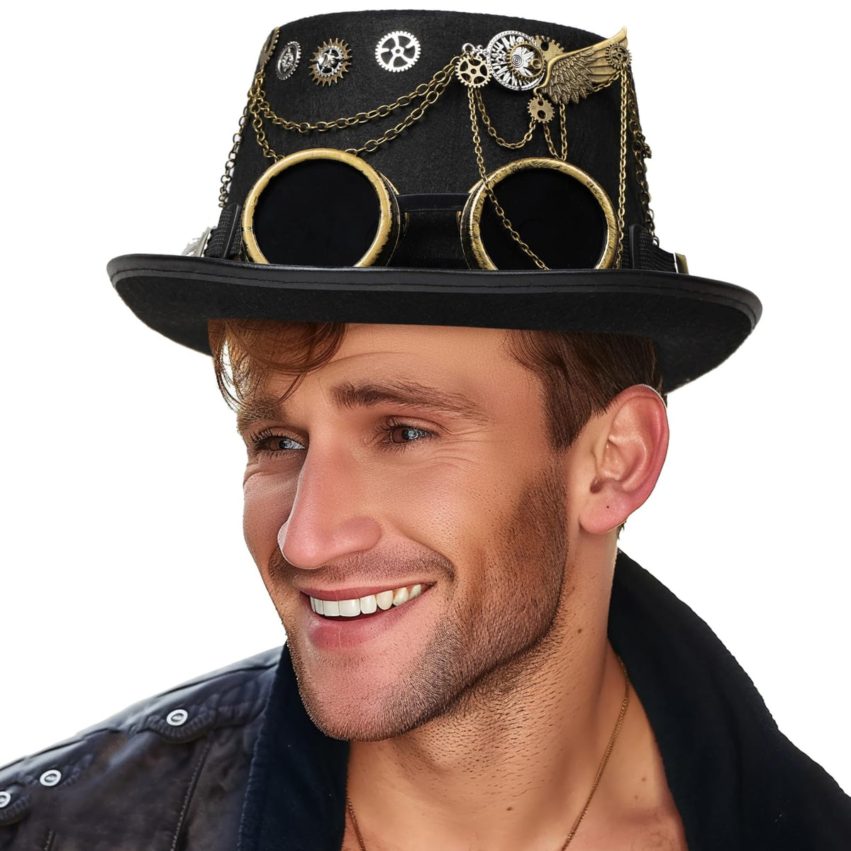 Unisex Gothic Steampunk Top Hats with Goggle Gear Halloween Hat Headwear Men Women