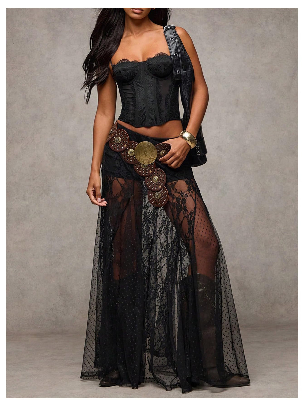 MakeMeChic Women's Lace Sheer Maxi Skirts Polka Dots Ruffle Gothic Skirts