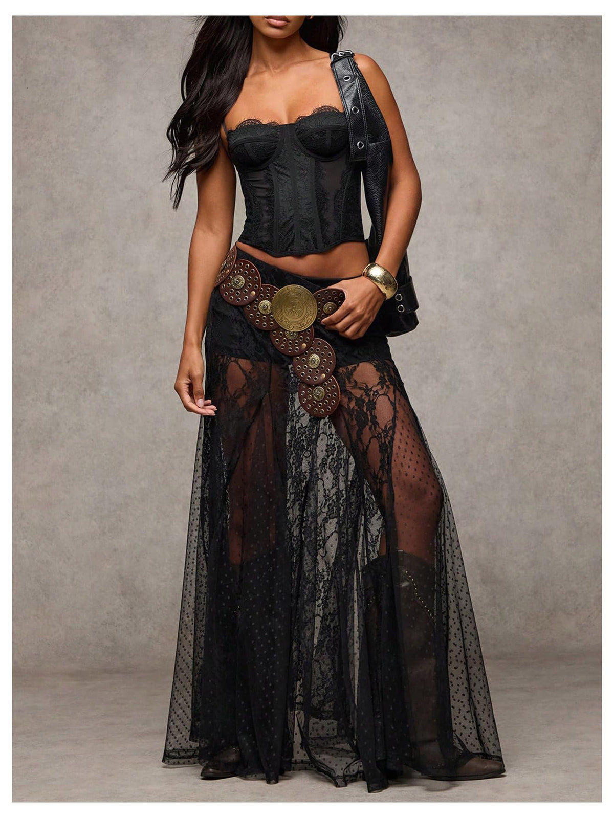 MakeMeChic Women's Lace Sheer Maxi Skirts Polka Dots Ruffle Gothic Skirts