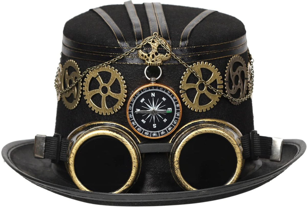 Unisex Gothic Steampunk Top Hats with Goggle Gear Halloween Hat Headwear Men Women