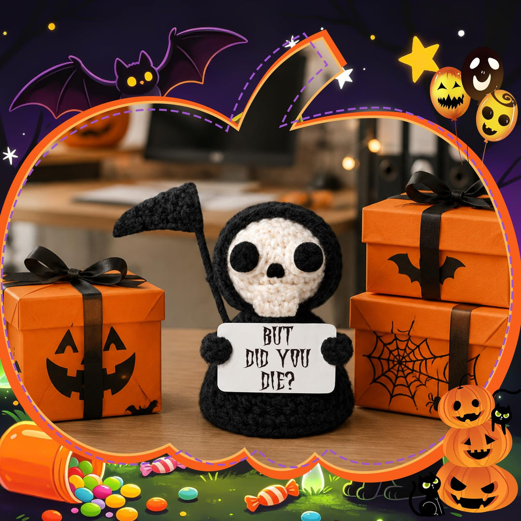Funny Gothic Grim Reaper Crochet Plush - Spooky Cute Office Decor & Dark Humor Gift - Stay Positive Sarcastic Halloween Basket Stuffers for Coworker Friend White Elephant Adult
