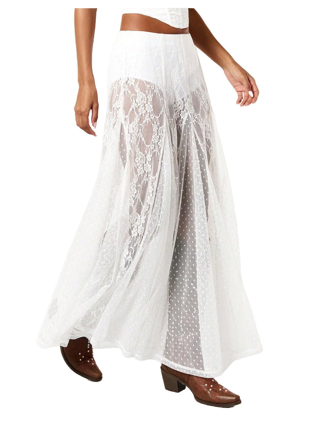 MakeMeChic Women's Lace Sheer Maxi Skirts Polka Dots Ruffle Gothic Skirts