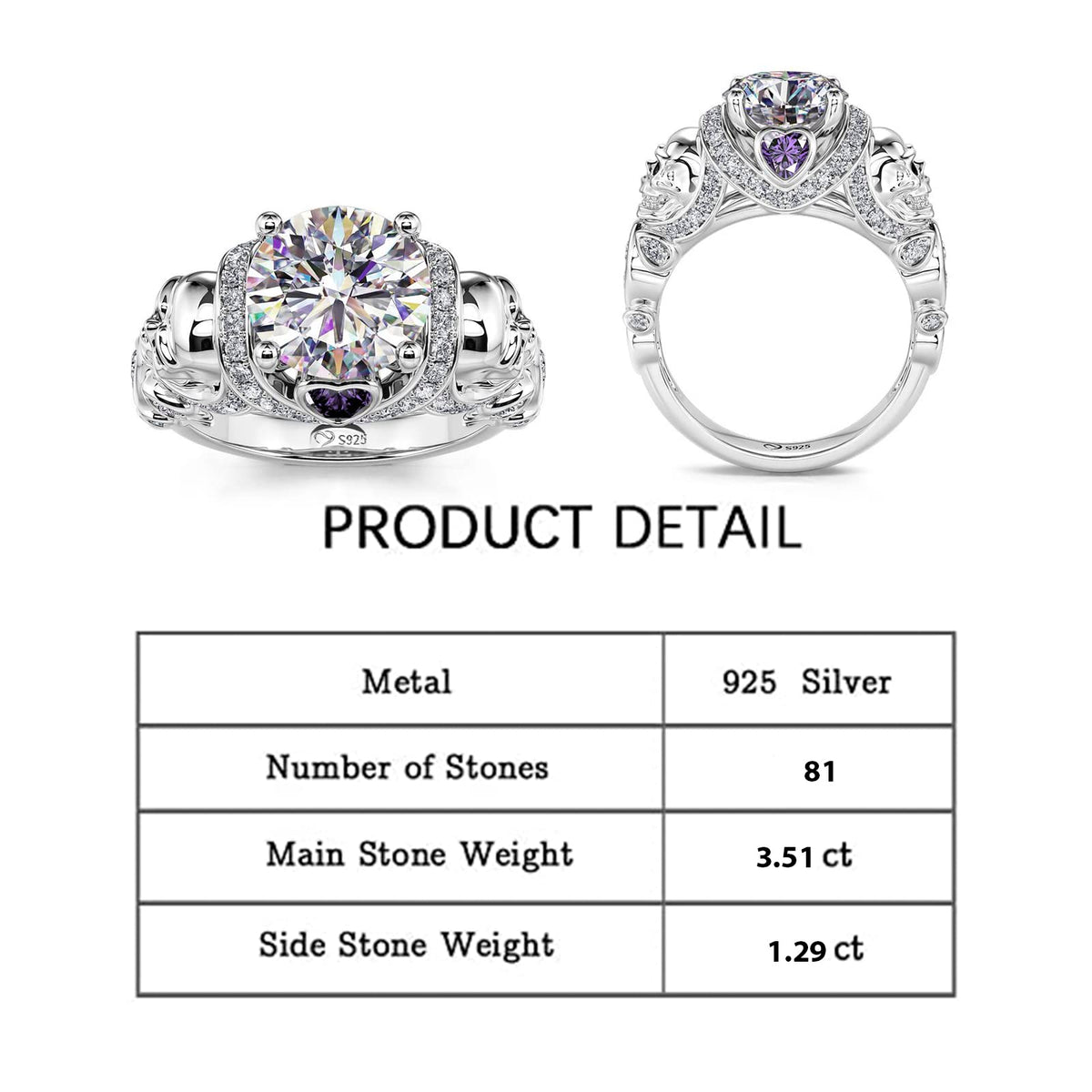 Jeulia 2.55ct Skull Engagement Ring Sets Sterling Silver Heart Cut Red Diamond Ruby Rings Cubic Zirconia Wedding Promise Anniversary Romantic Jewelry for Women Grils Bridal with Gift Box