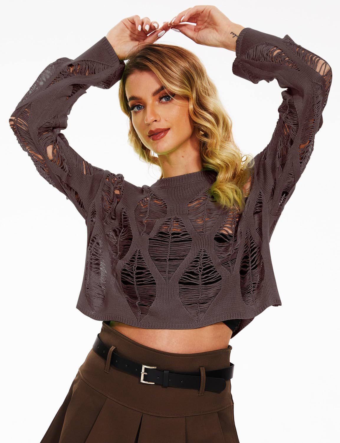 Women's See Through Hole Ripped Crop Tops Knit Pullover Short Sweaters