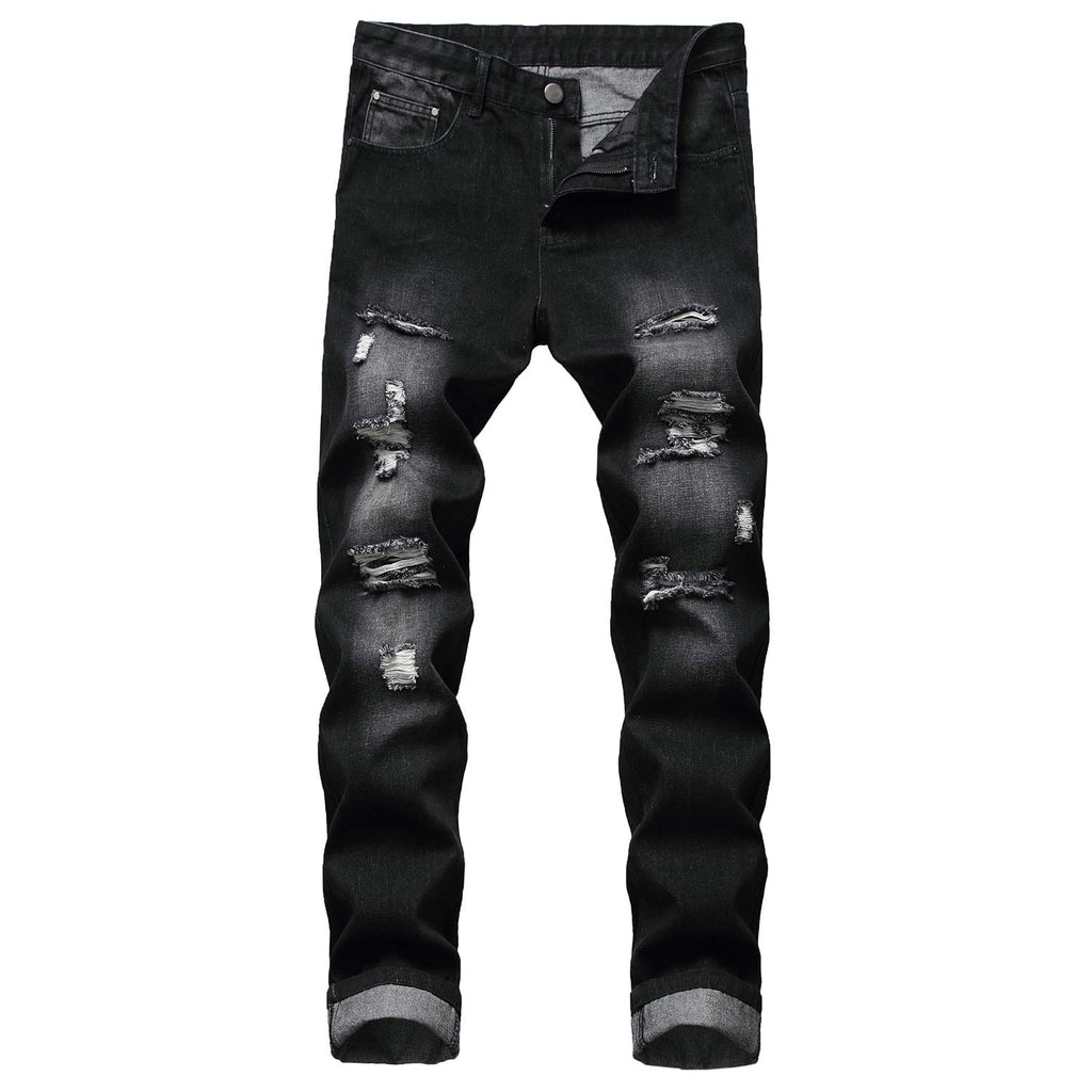 QIMYUM Mens Ripped Jeans, Distressed Destroyed Slim Fit Straight Leg Denim Pants