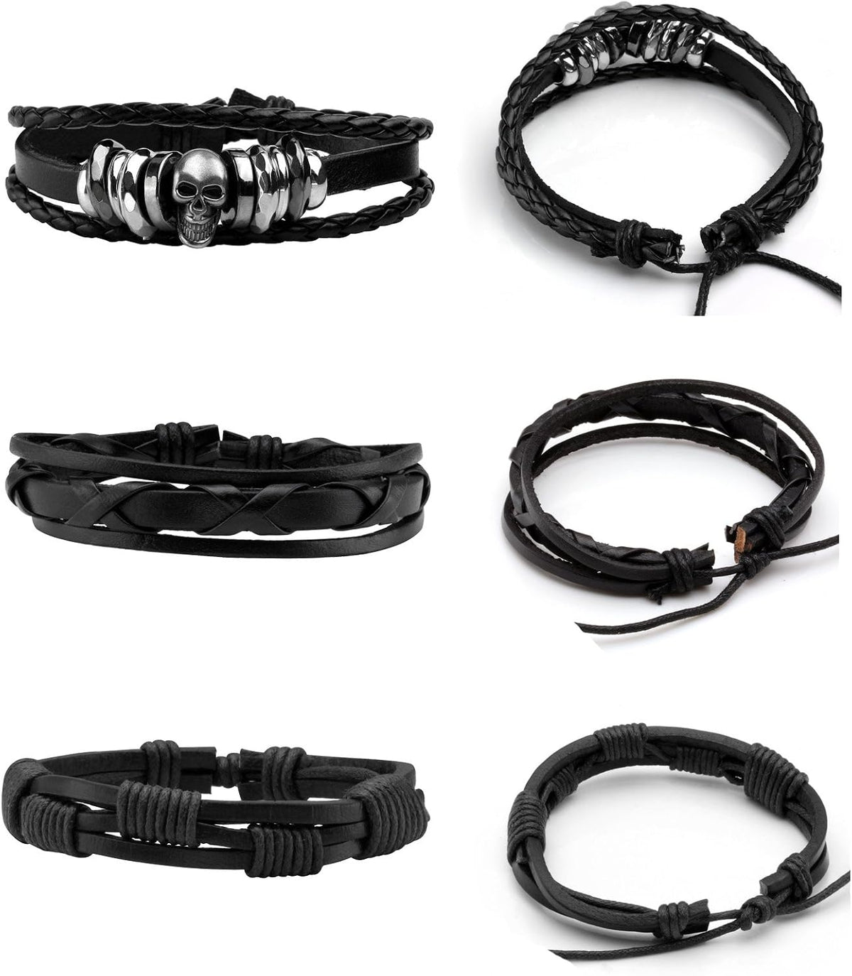 MILAKOO 6Pcs Punk Leather Bracelets for Women Men Braided PU Wristband Skull Skeleton Accessories