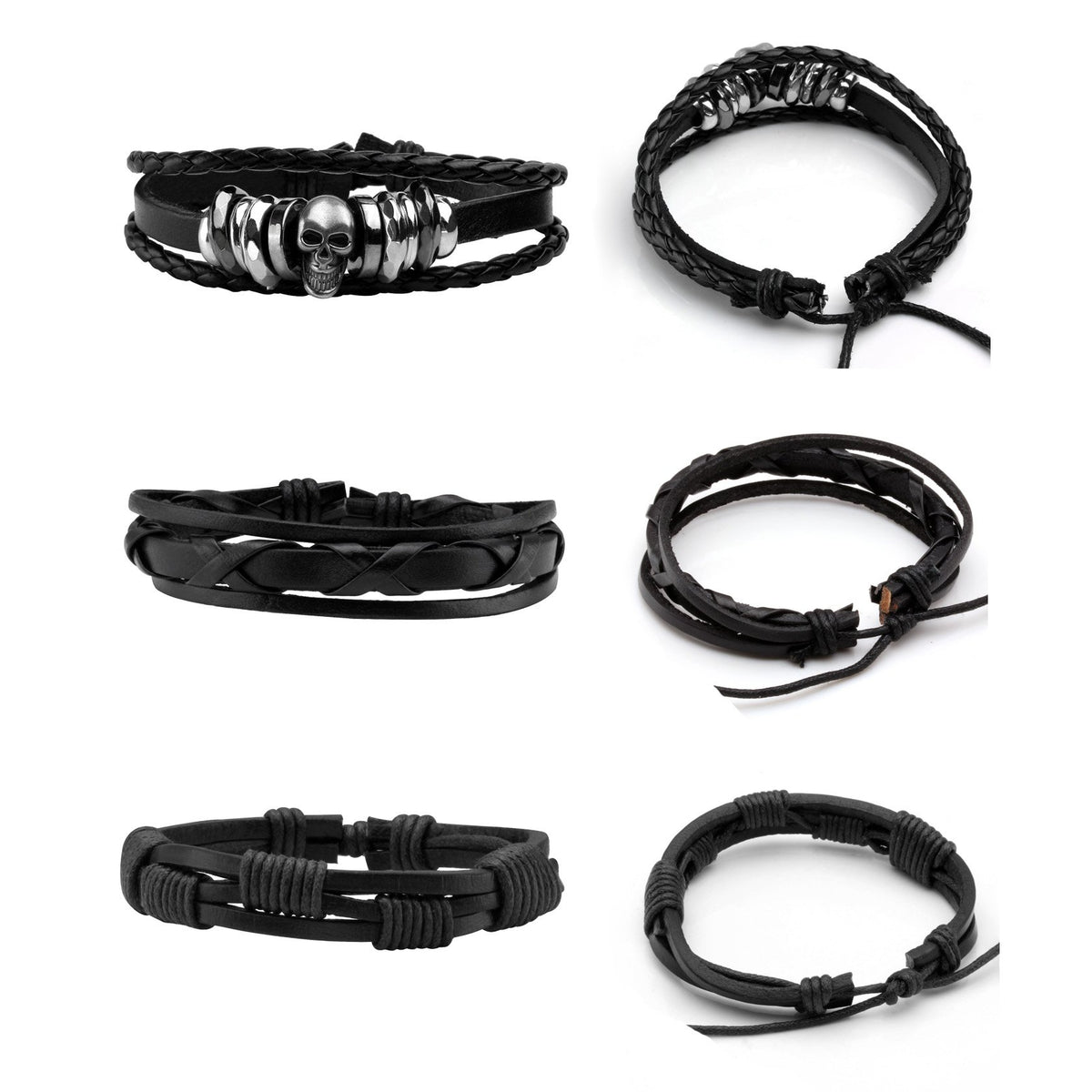 MILAKOO 6Pcs Punk Leather Bracelets for Women Men Braided PU Wristband Skull Skeleton Accessories