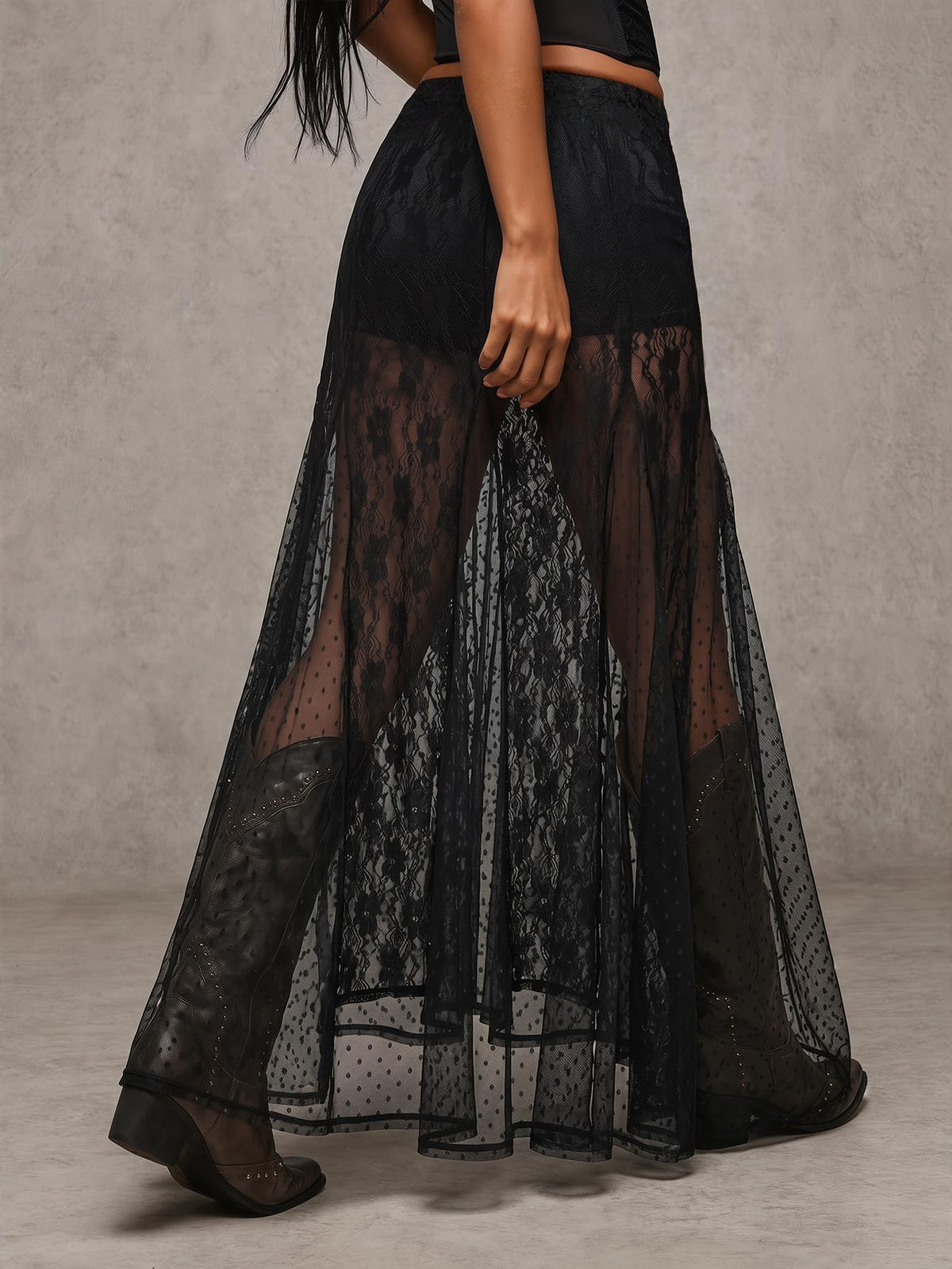 MakeMeChic Women's Lace Sheer Maxi Skirts Polka Dots Ruffle Gothic Skirts