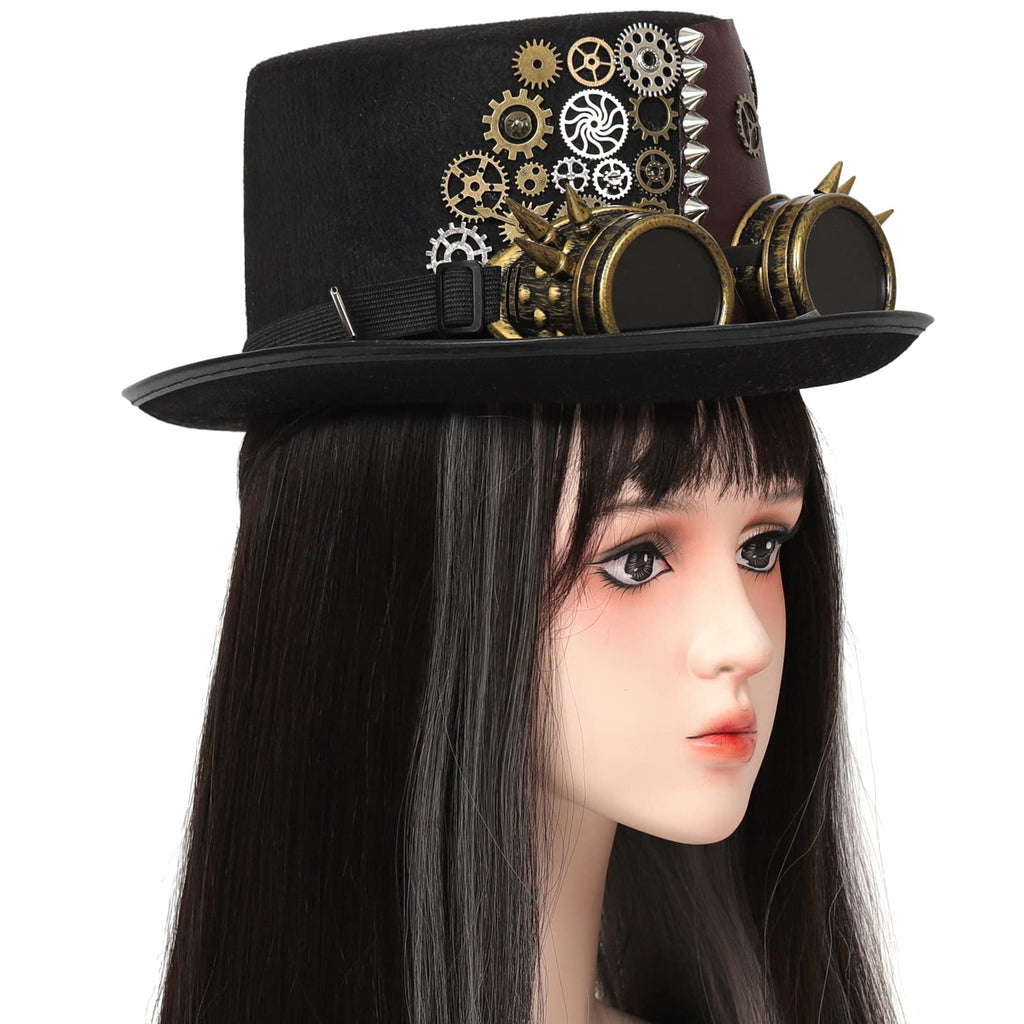 Unisex Gothic Steampunk Top Hats with Goggle Gear Halloween Hat Headwear Men Women