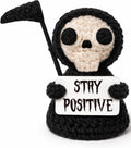 Funny Gothic Grim Reaper Crochet Plush - Spooky Cute Office Decor & Dark Humor Gift - Stay Positive Sarcastic Halloween Basket Stuffers for Coworker Friend White Elephant Adult