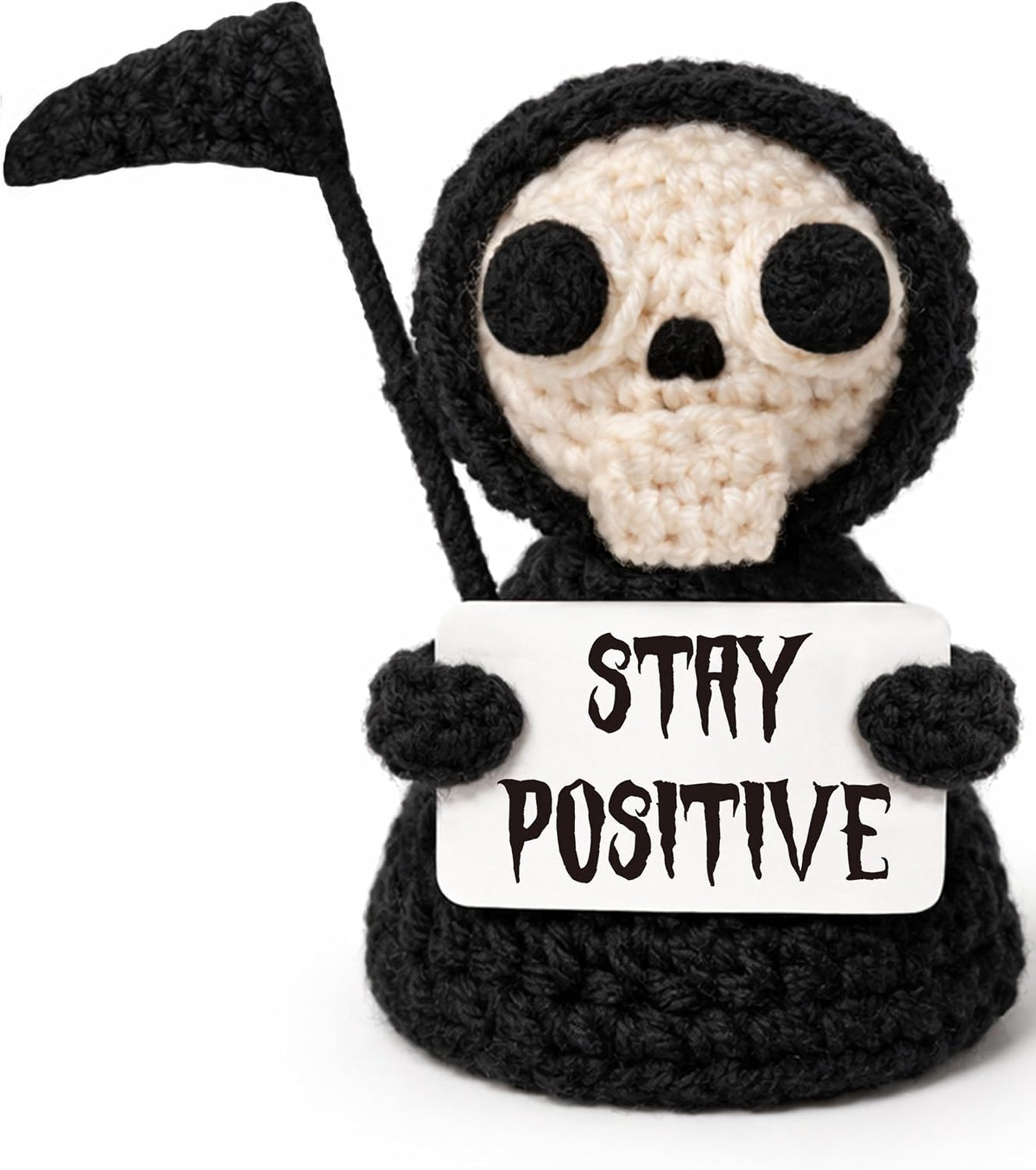 Funny Gothic Grim Reaper Crochet Plush - Spooky Cute Office Decor & Dark Humor Gift - Stay Positive Sarcastic Halloween Basket Stuffers for Coworker Friend White Elephant Adult