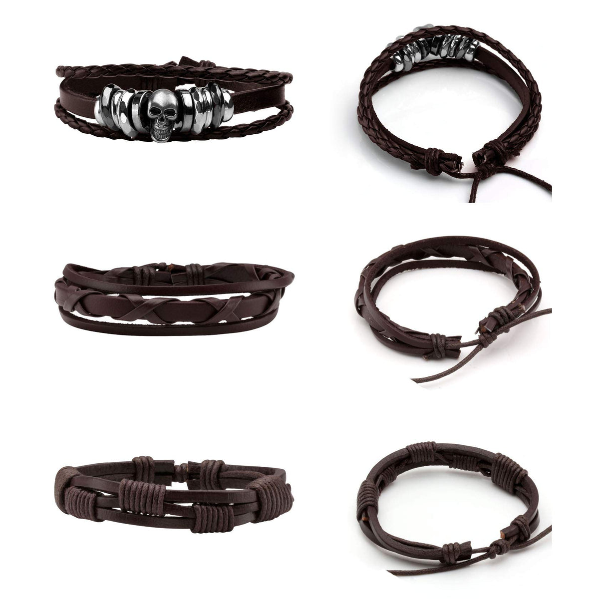 MILAKOO 6Pcs Punk Leather Bracelets for Women Men Braided PU Wristband Skull Skeleton Accessories