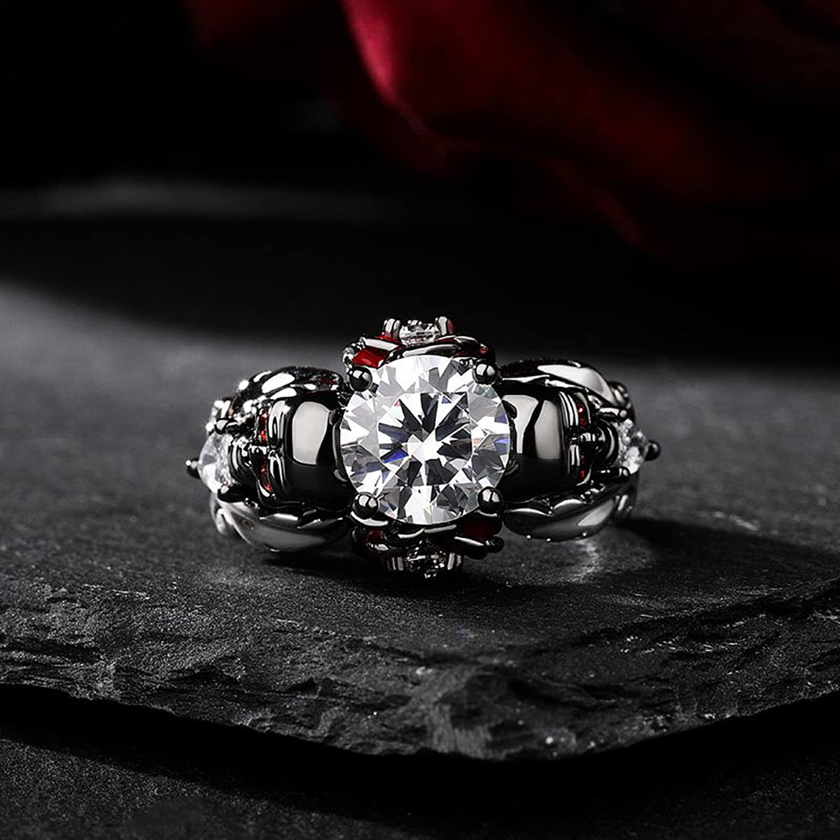 Jeulia 2.55ct Skull Engagement Ring Sets Sterling Silver Heart Cut Red Diamond Ruby Rings Cubic Zirconia Wedding Promise Anniversary Romantic Jewelry for Women Grils Bridal with Gift Box