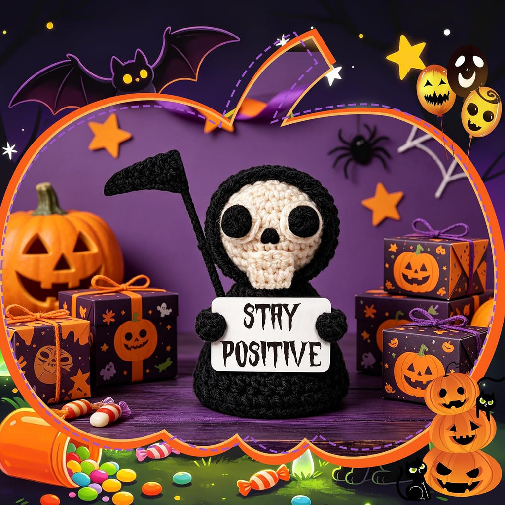 Funny Gothic Grim Reaper Crochet Plush - Spooky Cute Office Decor & Dark Humor Gift - Stay Positive Sarcastic Halloween Basket Stuffers for Coworker Friend White Elephant Adult