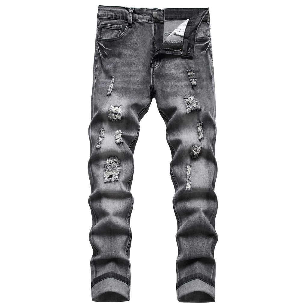QIMYUM Mens Ripped Jeans, Distressed Destroyed Slim Fit Straight Leg Denim Pants