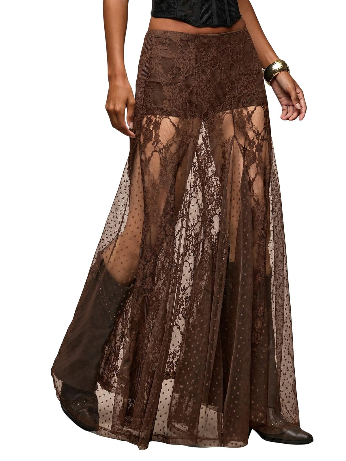 MakeMeChic Women's Lace Sheer Maxi Skirts Polka Dots Ruffle Gothic Skirts