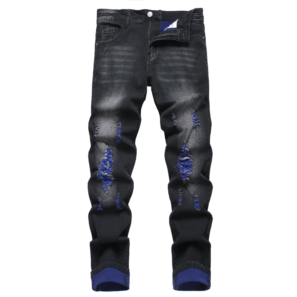 QIMYUM Mens Ripped Jeans, Distressed Destroyed Slim Fit Straight Leg Denim Pants