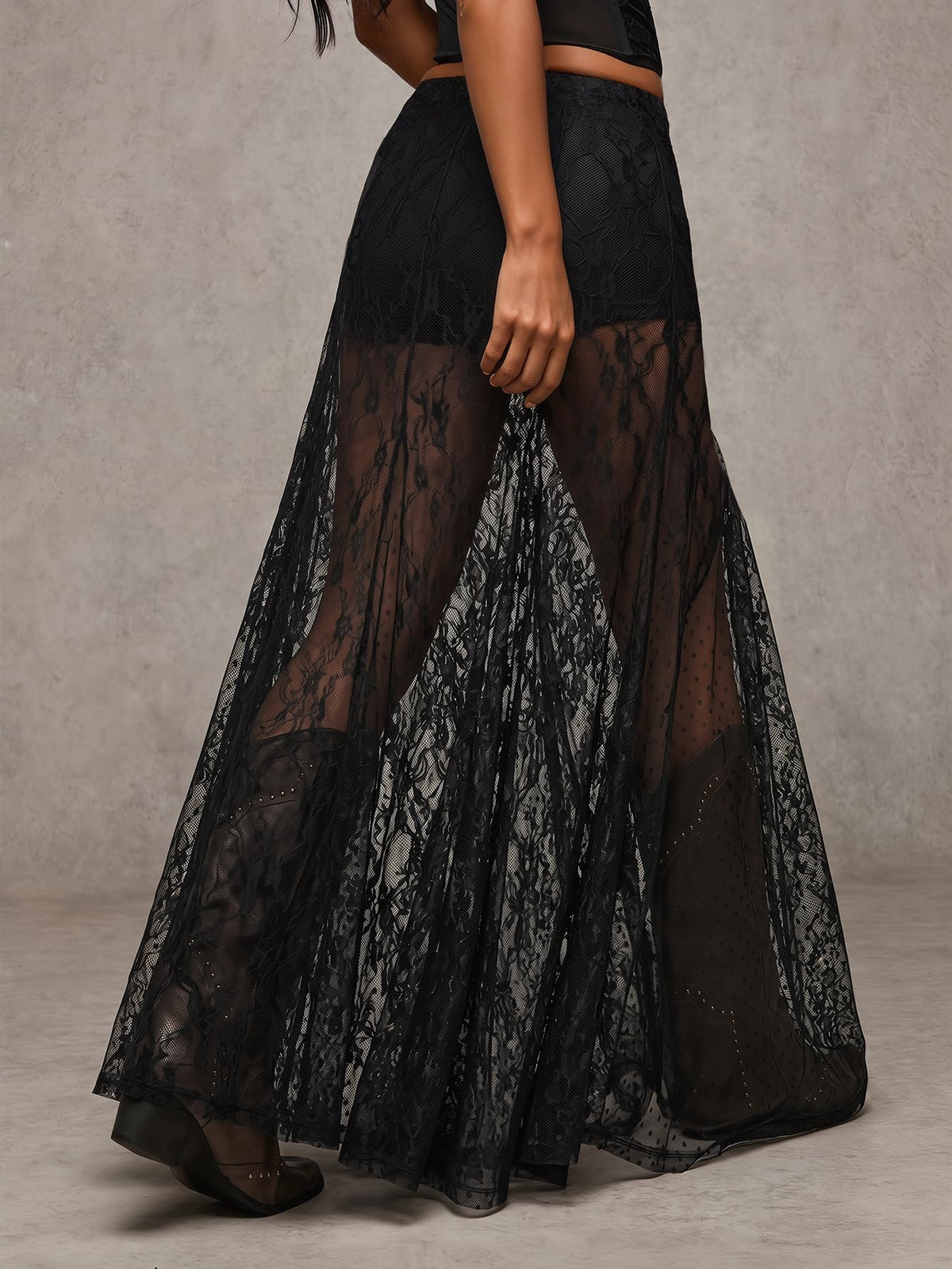 MakeMeChic Women's Lace Sheer Maxi Skirts Polka Dots Ruffle Gothic Skirts