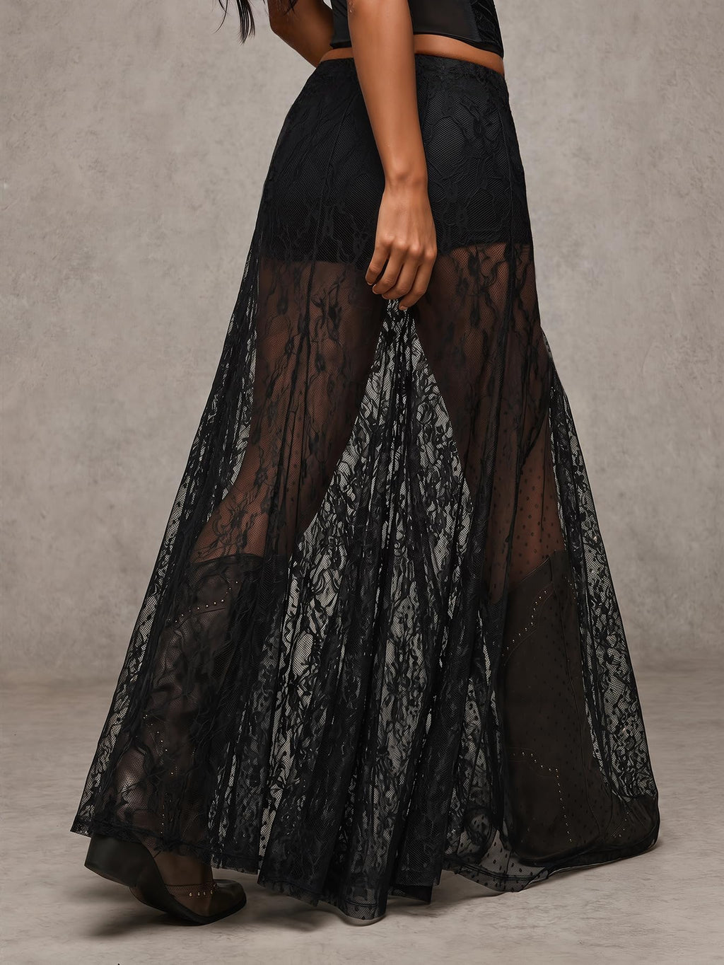 MakeMeChic Women's Lace Sheer Maxi Skirts Polka Dots Ruffle Gothic Skirts