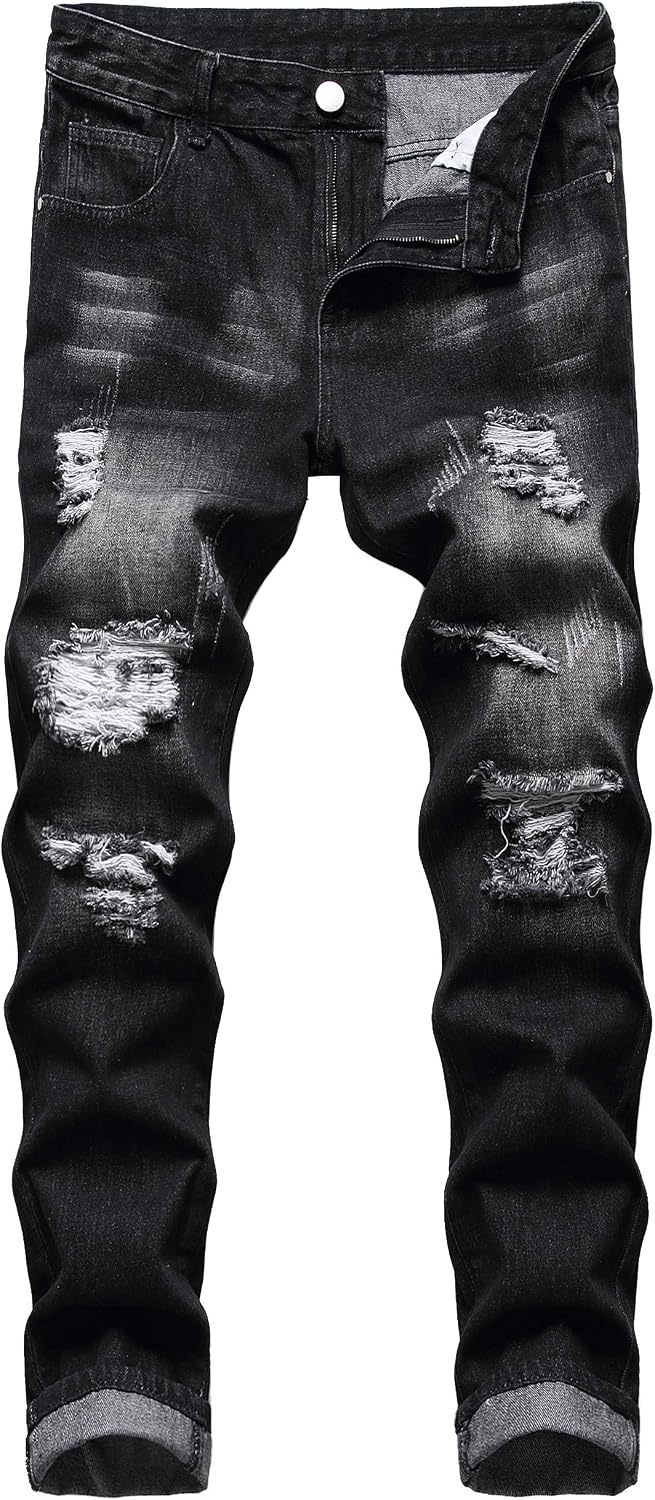 QIMYUM Mens Ripped Jeans, Distressed Destroyed Slim Fit Straight Leg Denim Pants