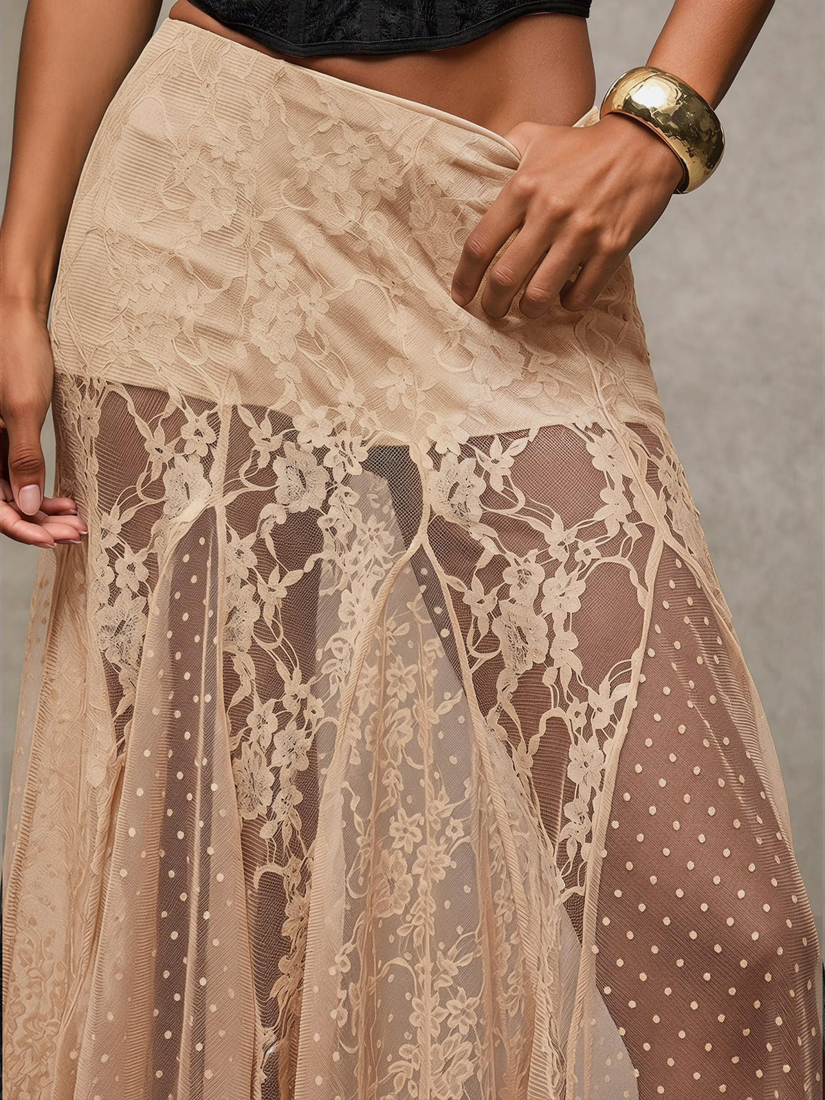 MakeMeChic Women's Lace Sheer Maxi Skirts Polka Dots Ruffle Gothic Skirts