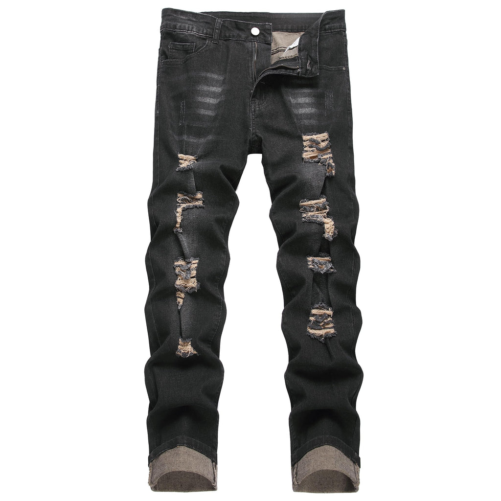 QIMYUM Mens Ripped Jeans, Distressed Destroyed Slim Fit Straight Leg Denim Pants