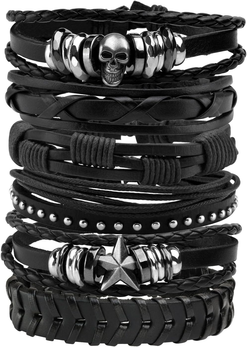 MILAKOO 6Pcs Punk Leather Bracelets for Women Men Braided PU Wristband Skull Skeleton Accessories