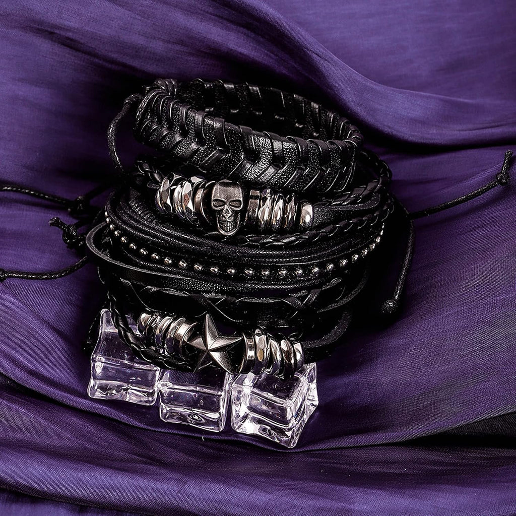 MILAKOO 6Pcs Punk Leather Bracelets for Women Men Braided PU Wristband Skull Skeleton Accessories