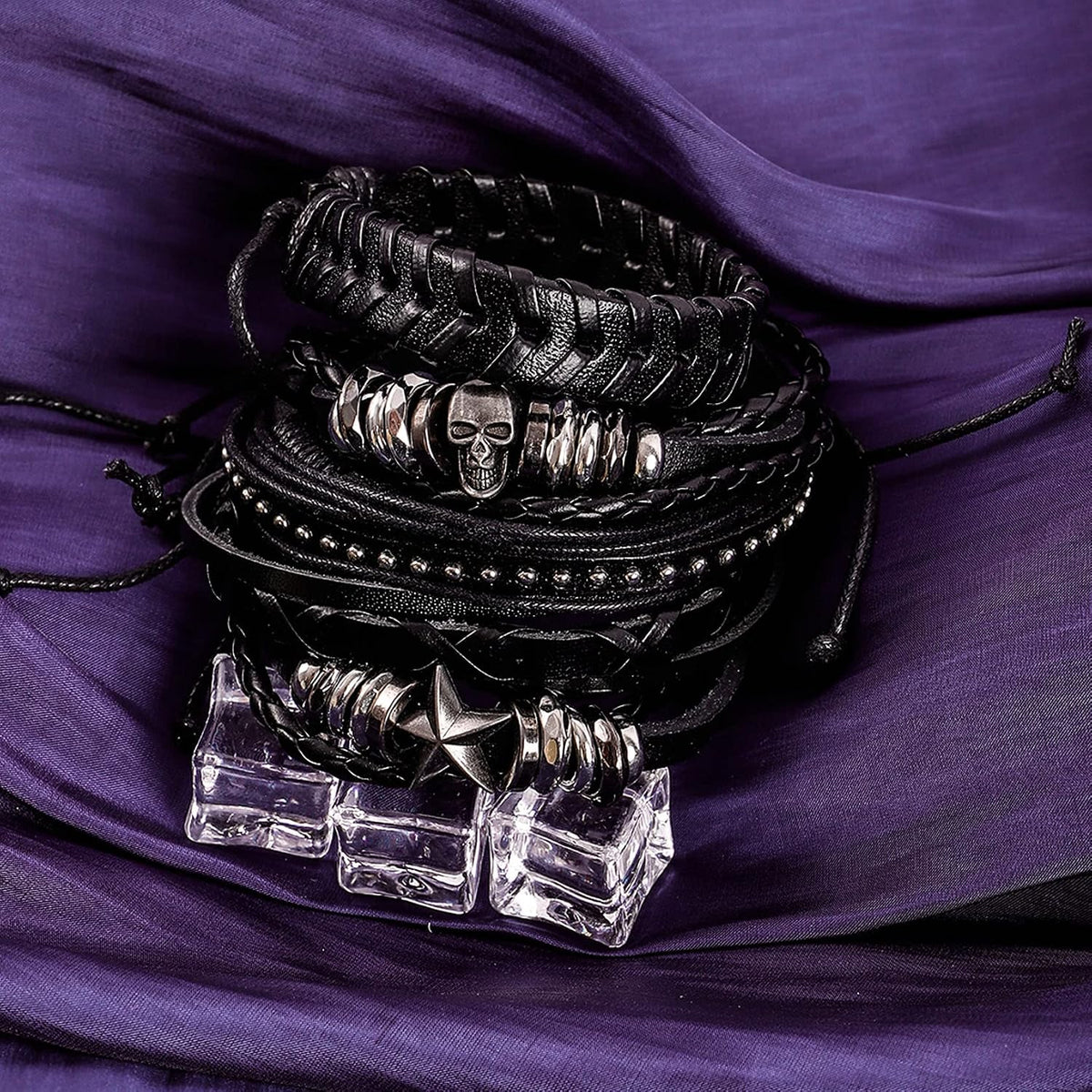 MILAKOO 6Pcs Punk Leather Bracelets for Women Men Braided PU Wristband Skull Skeleton Accessories