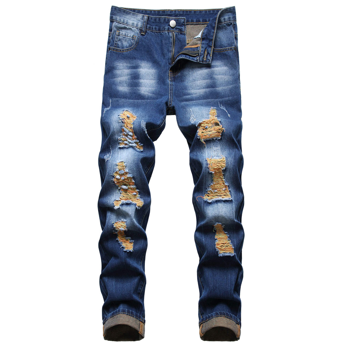 QIMYUM Mens Ripped Jeans, Distressed Destroyed Slim Fit Straight Leg Denim Pants