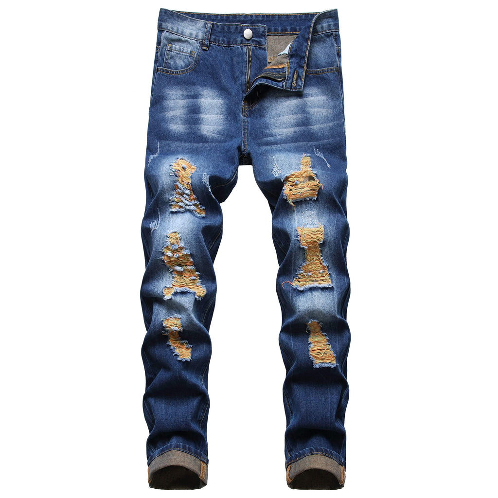 QIMYUM Mens Ripped Jeans, Distressed Destroyed Slim Fit Straight Leg Denim Pants