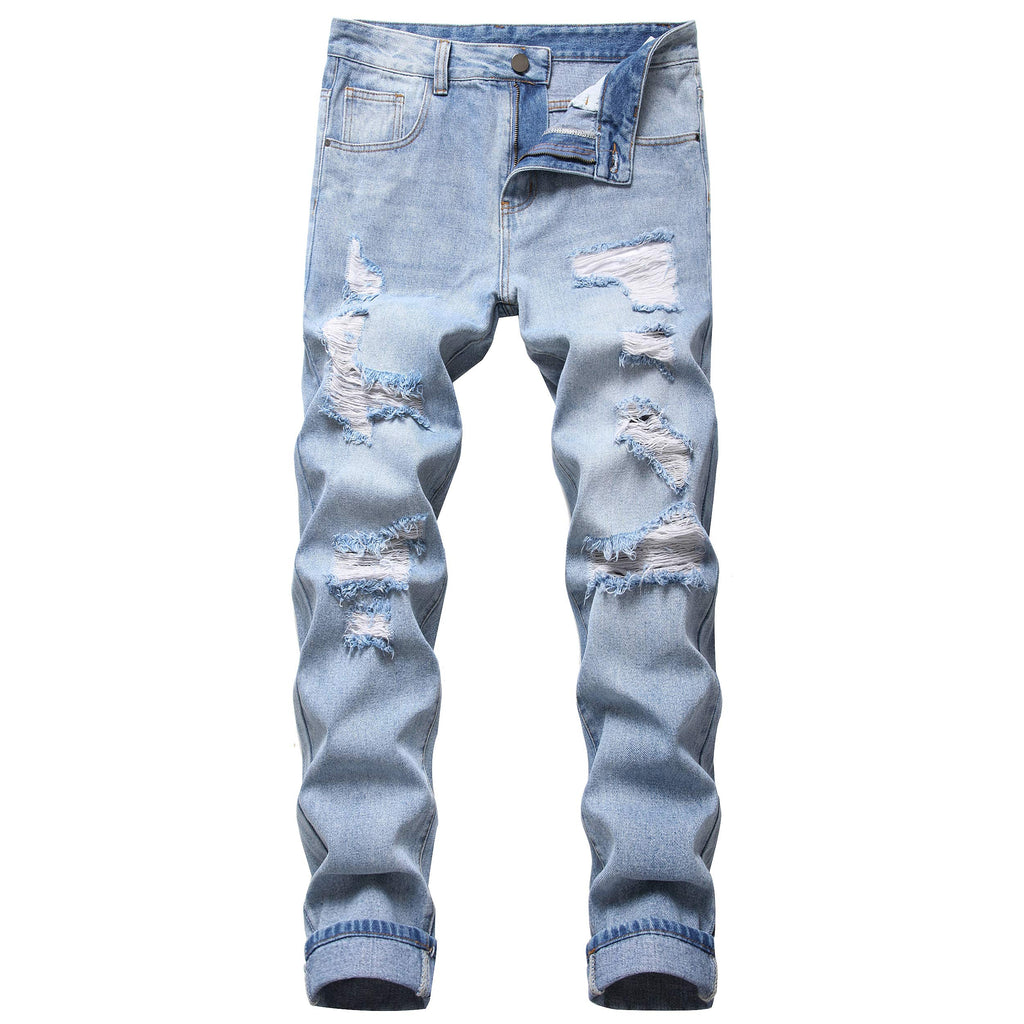QIMYUM Mens Ripped Jeans, Distressed Destroyed Slim Fit Straight Leg Denim Pants