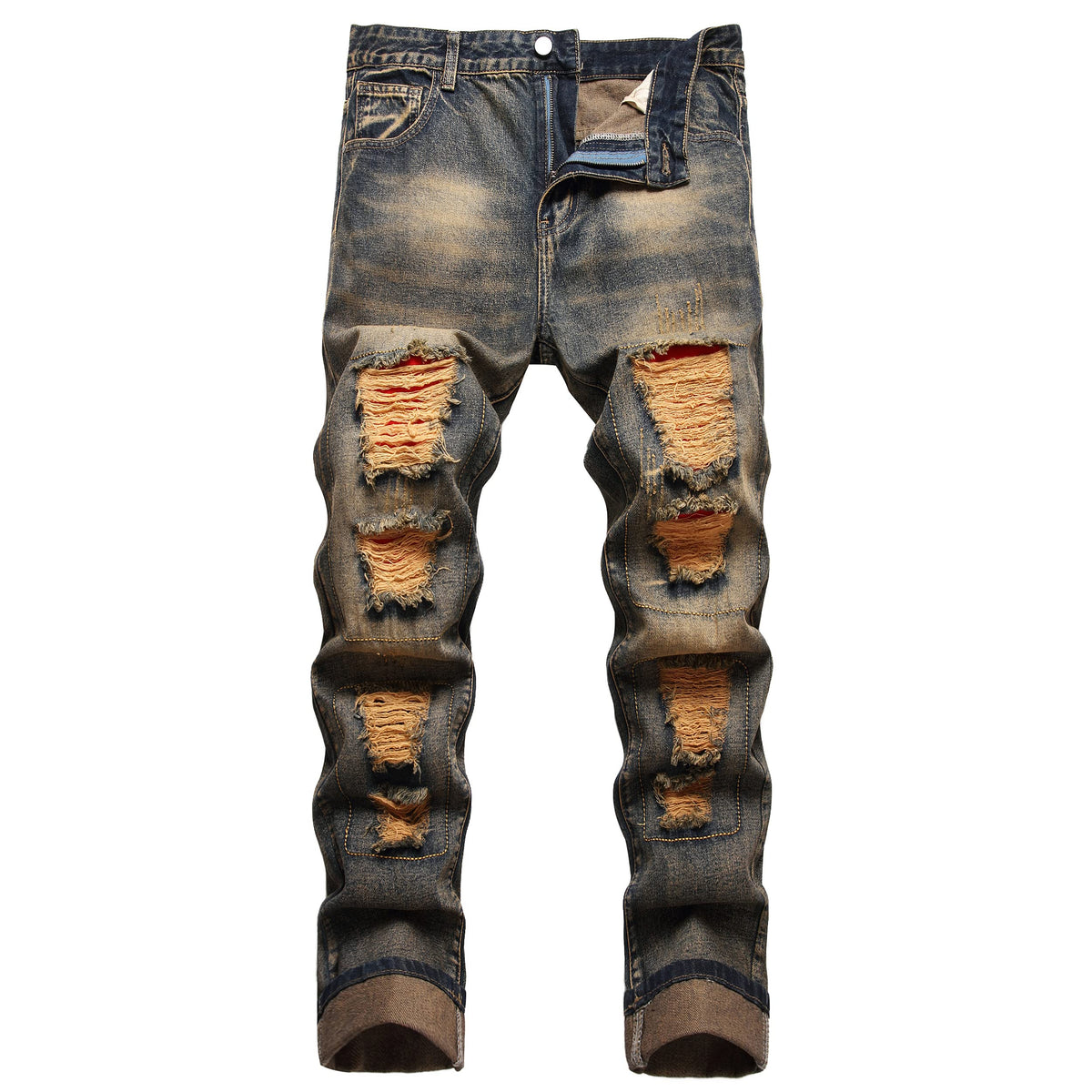 QIMYUM Mens Ripped Jeans, Distressed Destroyed Slim Fit Straight Leg Denim Pants