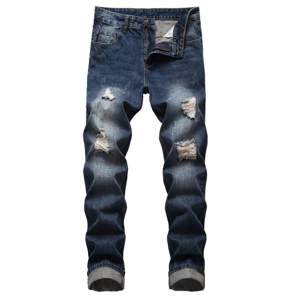QIMYUM Mens Ripped Jeans, Distressed Destroyed Slim Fit Straight Leg Denim Pants