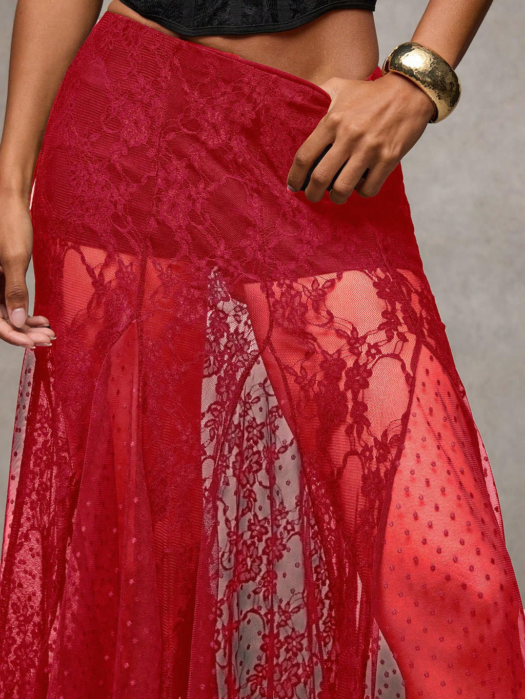 MakeMeChic Women's Lace Sheer Maxi Skirts Polka Dots Ruffle Gothic Skirts