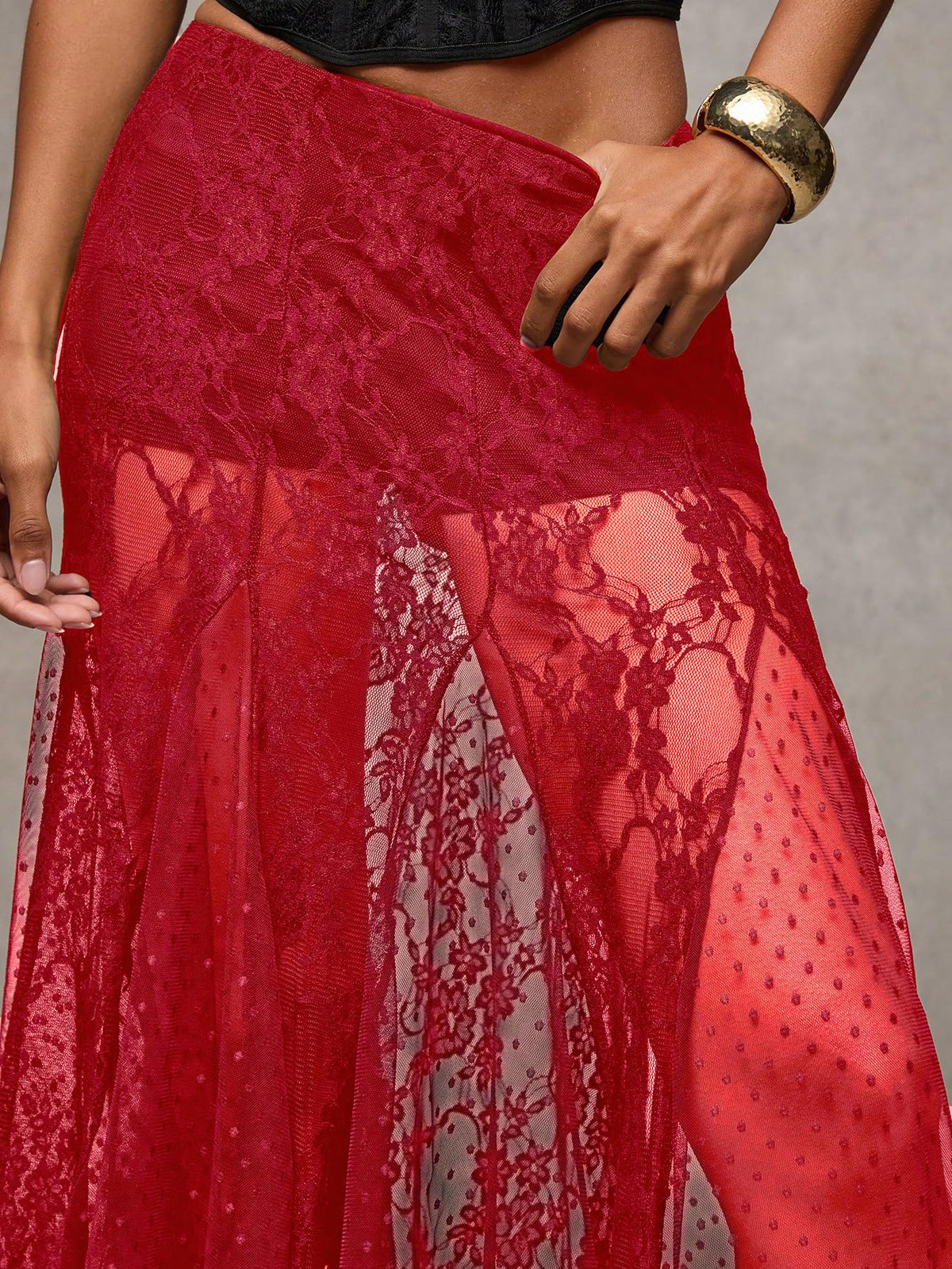 MakeMeChic Women's Lace Sheer Maxi Skirts Polka Dots Ruffle Gothic Skirts